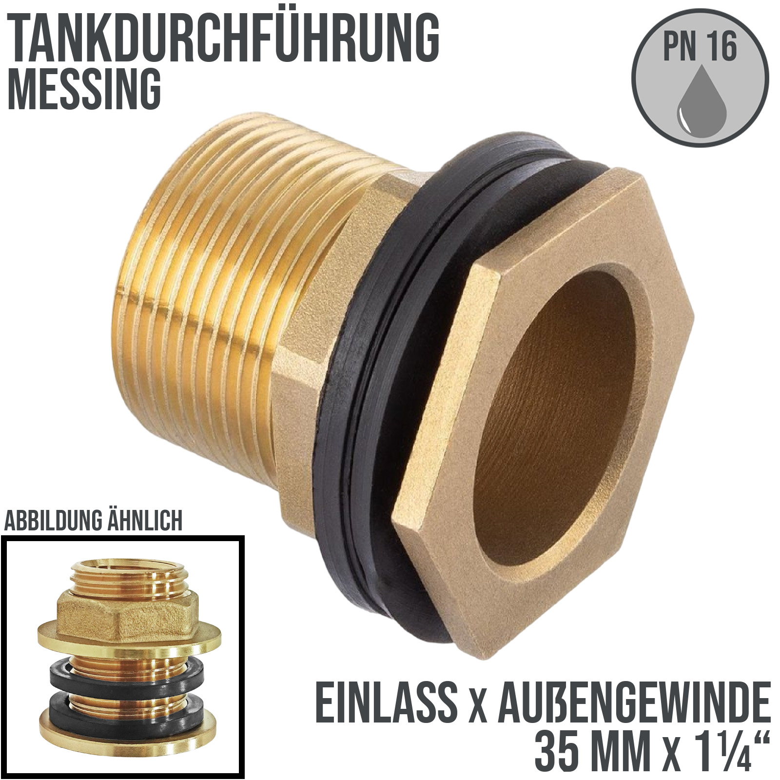 1 1/4" Tank Regen Tonnen Durchführung Connector Messing Einlass x Außengewinde  - PN 16 bar