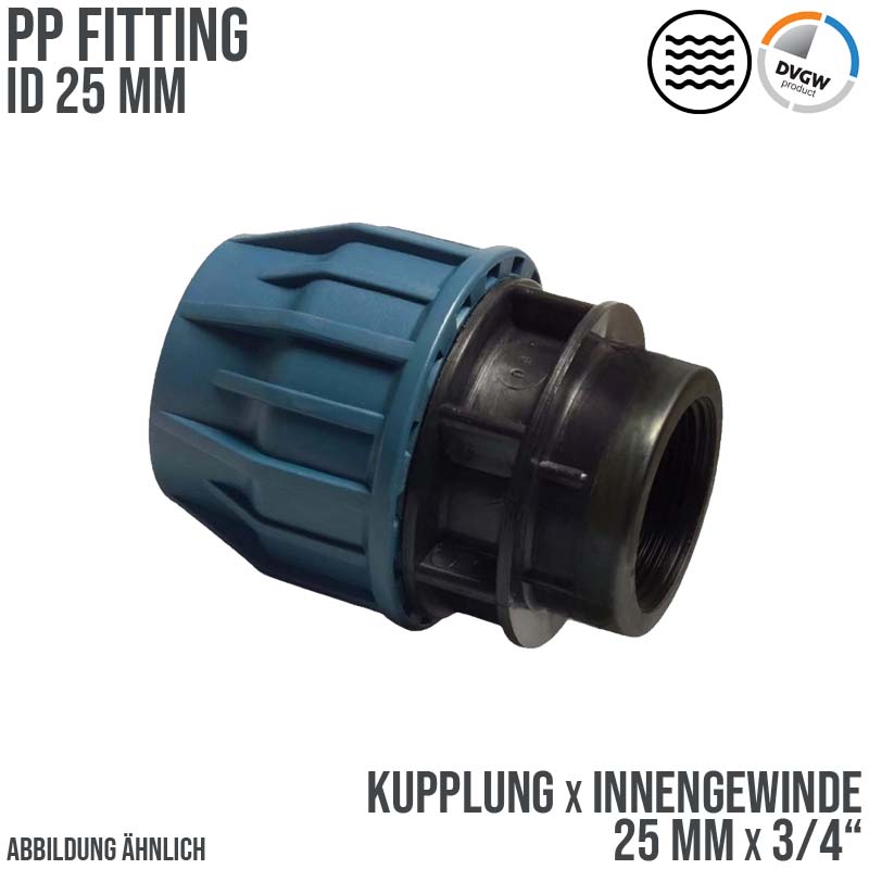25 mm x 3/4" PE PP Fitting Klemm Verbinder Verschraubung Muffe Rohr Kupplung x IG DVGW - PN 16 bar