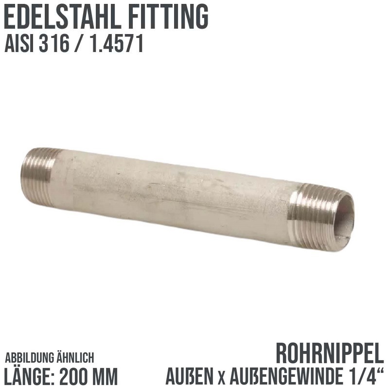 1/4 " Rohrnippel Edelstahl (1.4571) Nr. 23 - 200 mm Länge Außen x Außengewinde AG Fittings - PN 20 bar