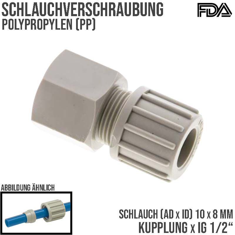 10 x 8 mm x 1/2" Kupplung Innengewinde PA PP Schlauch Verbinder FDA - PN 10 bar