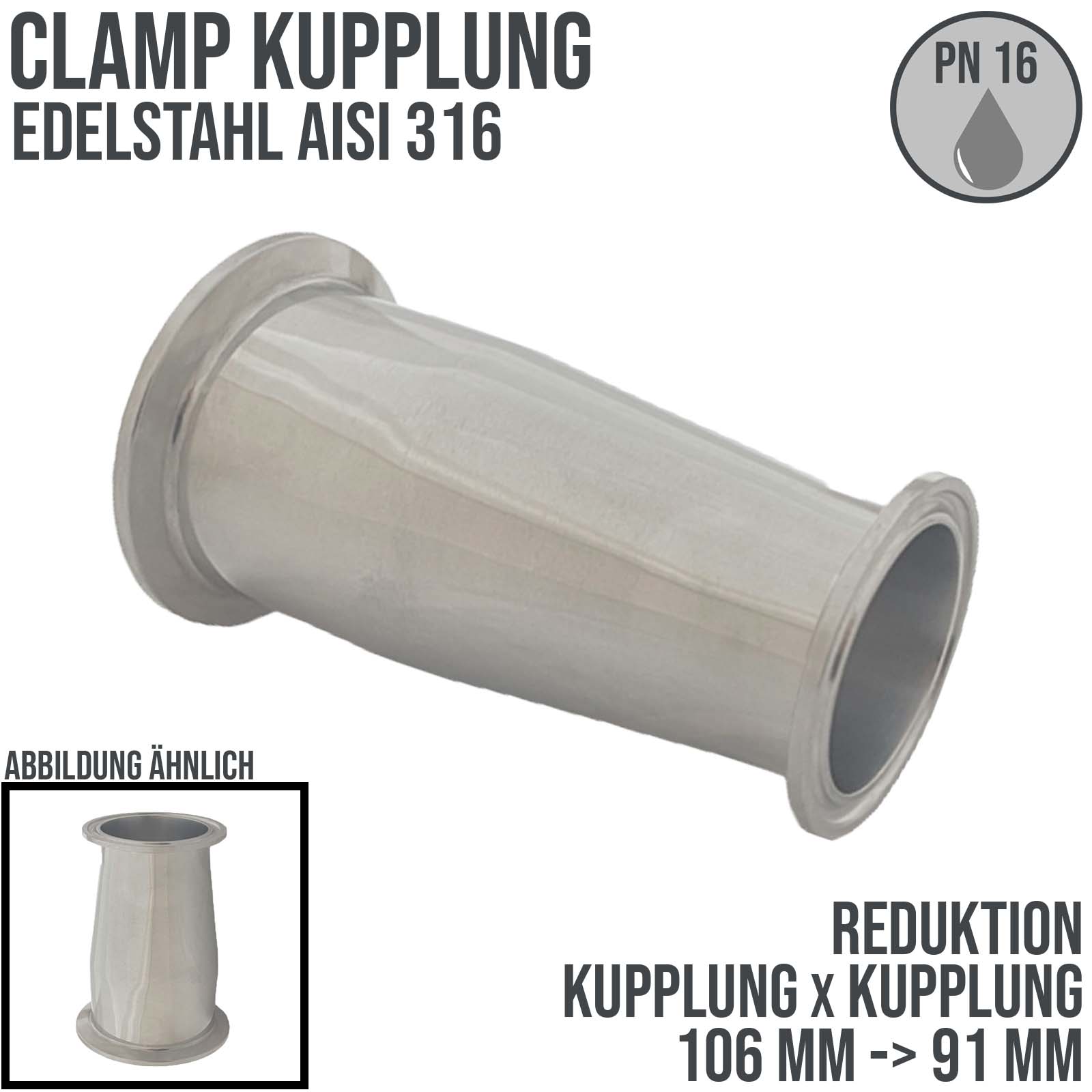 CLAMP Reduktion DIN 32676 Flansch Teller Kupplung 106 mm auf 91 mm - PN 16 bar
