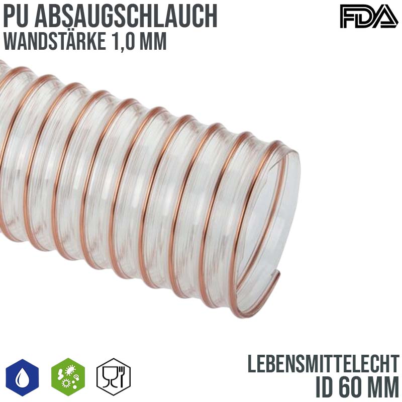60 mm PU Saug Ansaug Druck Spiral Flex FDA Lebensmittel Schlauch - Wandstärke 1,0 mm - PN 1,27 bar