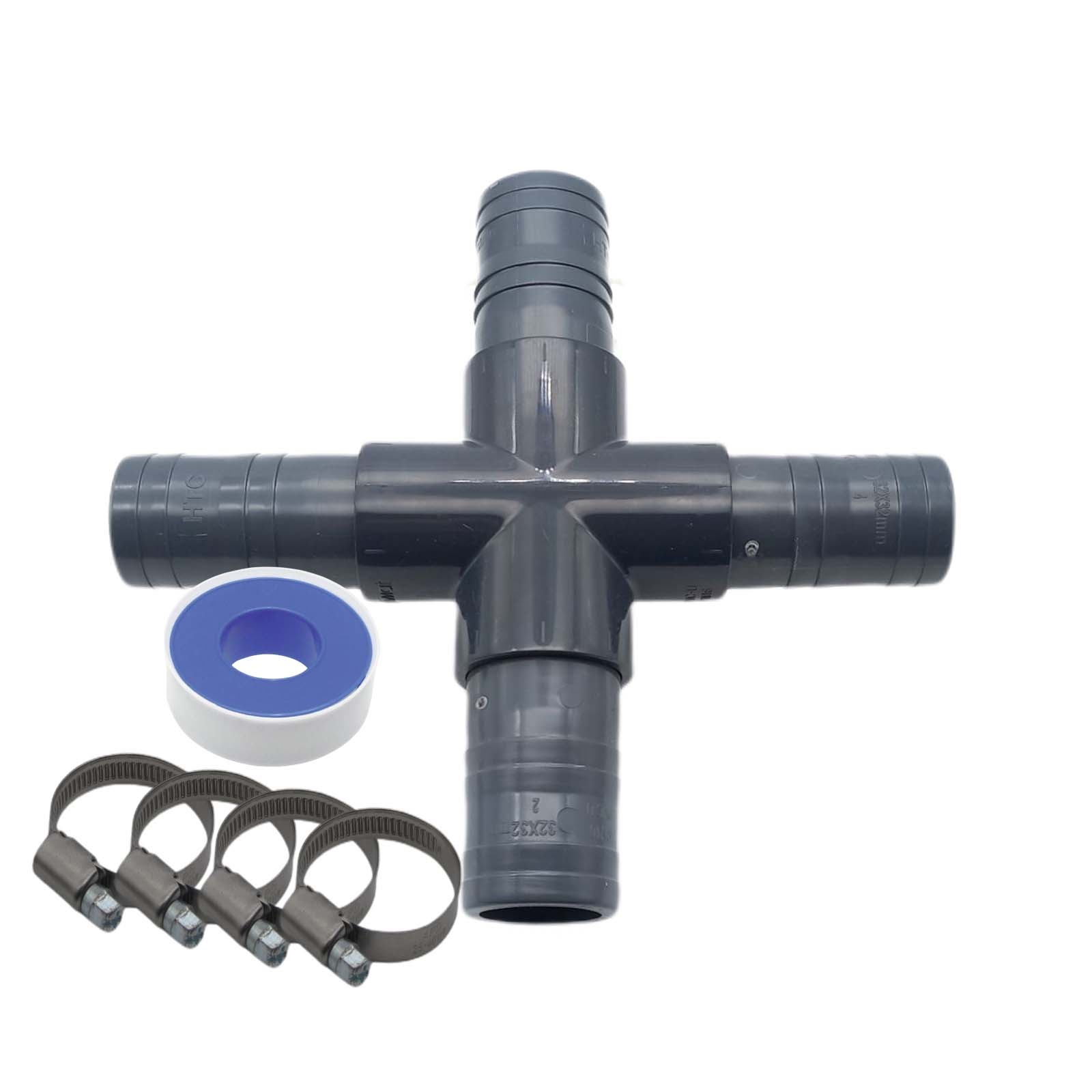 40 mm PVC PROFI Kreuz 90° Schlauch Verbinder Stutzen Tülle Pool Teich Garten - PN 10 bar - Montage-Set