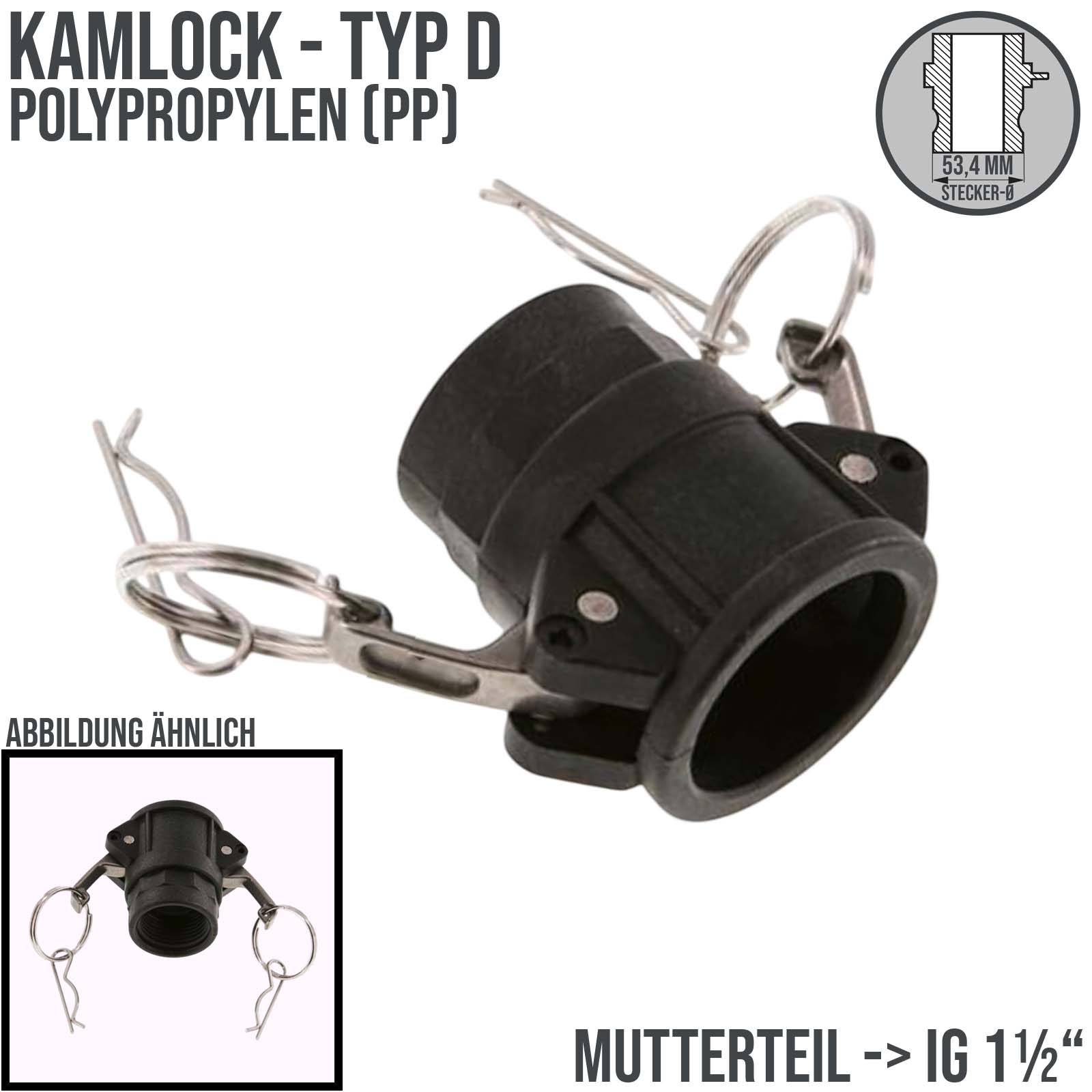 Kamlock Typ D - Mutterteil Polypropylen PP mit Innengewinde (IG) für Stecker 53,4 mm - 1 1/2" Zoll DN38 - PN 6,5 bar