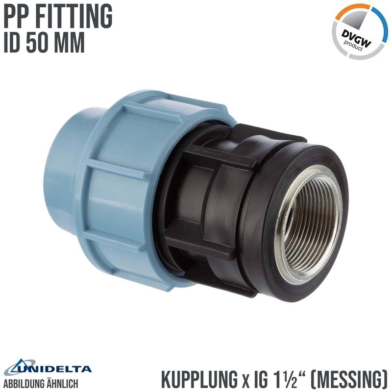 50 mm x 1 1/2" PE PP Fitting Klemm Verbinder Muffe Rohr Kupplung x Messing IG DVGW - Unidelta