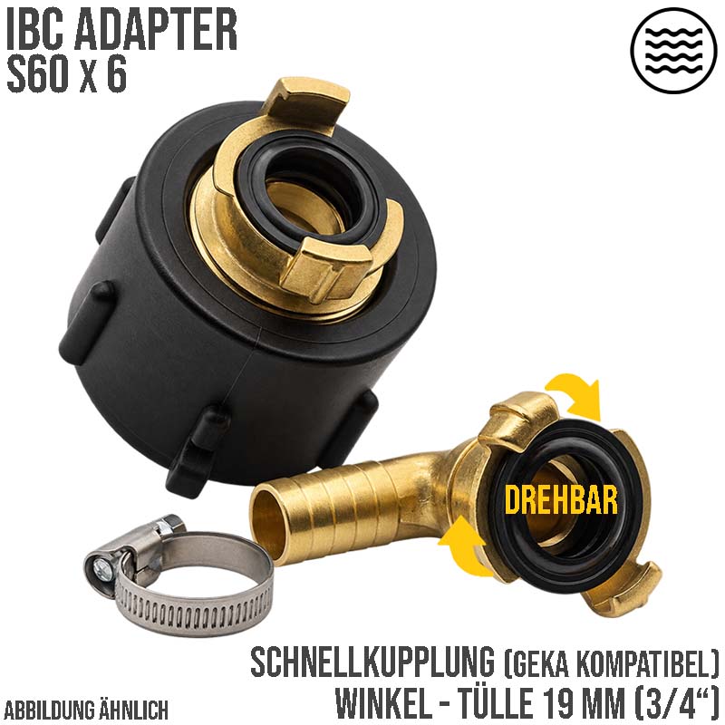S60 x 6 IBC Adapter auf Schnellanschluss + 90° Kupplung drehbar 3/4" 19mm Container Tank Zubehör (GEKA kompatibel)
