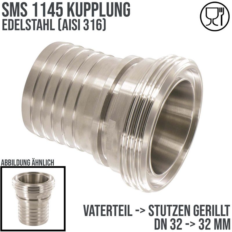 DN 32 SMS Kupplung 1145 Vaterteil VT Außengewinde Sicherungsbund - Stutzen gerillt 32 mm - PN 25 bar