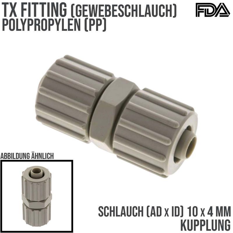 10 x 4 mm Kupplung TX Fitting Gewebe Schlauch Verbinder FDA PP beige - PN 10 bar