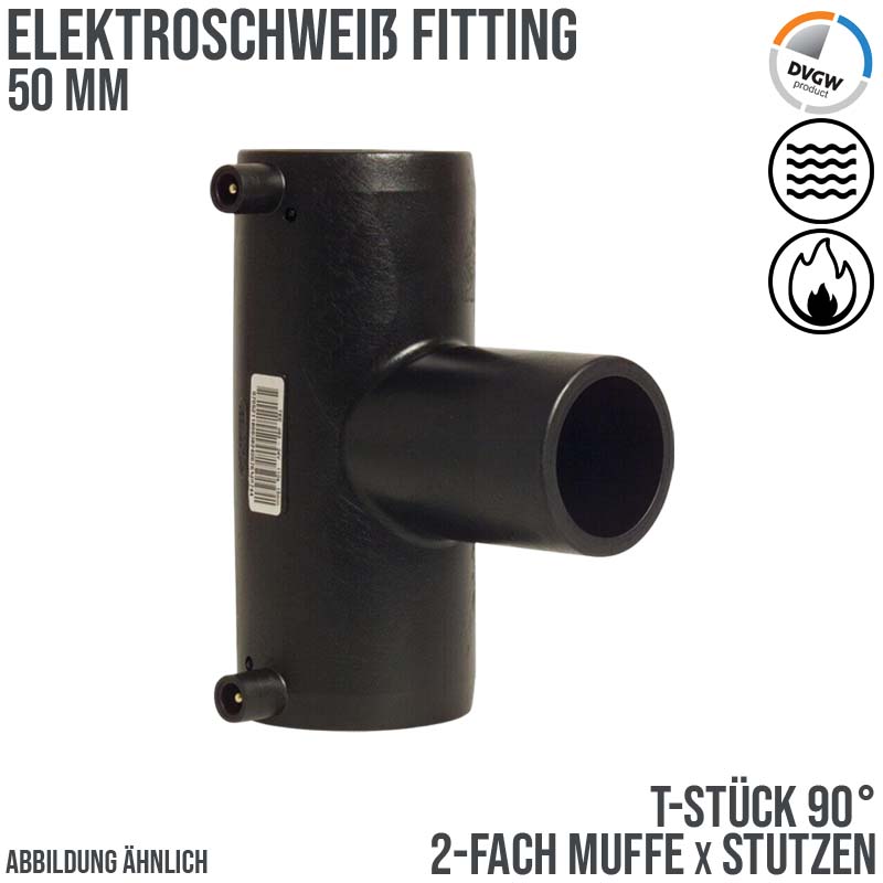 50 mm PE 100 Elektro Schweiß Fitting T-Stück 90° 2-fach Muffe x Stutzen SDR 11 DVGW 24 VAC schwarz