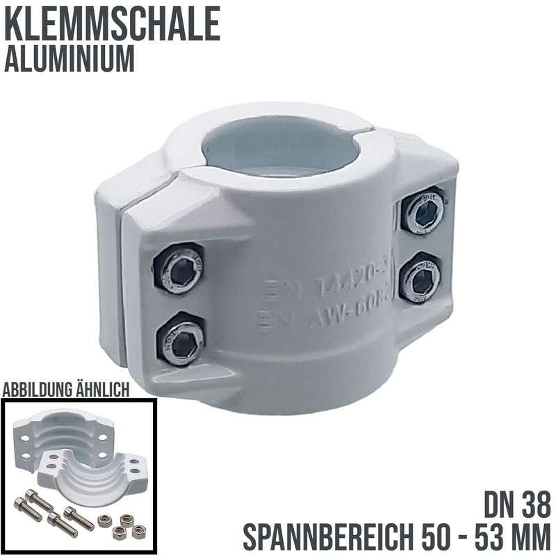 DN 38 Klemmschale Aluminium weiss Spannbereich 50 - 53 mm für Schlauch ID x AD 38 x 51 mm - PN 25 bar