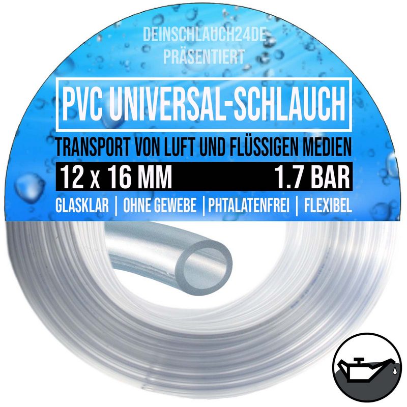 12 x 16 mm PVC Flüssigkeit Öl Luft Wasser Universal Labor Schlauch klar durchsichtig - PN 1,7 bar