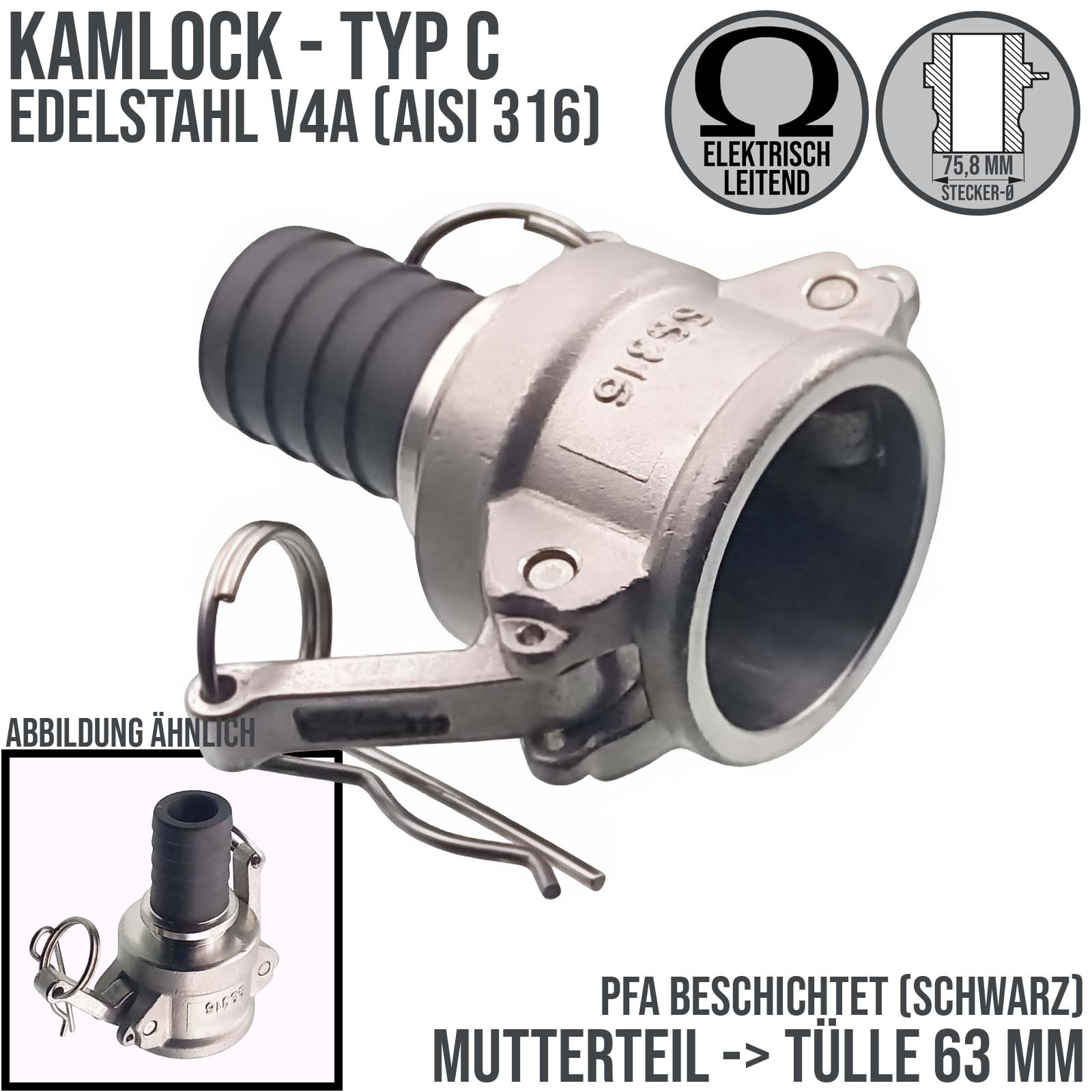 Kamlock Typ C - Mutterteil (75,8 mm) Edelstahl V2A (AISI 316) -> gerillter Stutzen DN 63 mm PFA beschichtet - PN 25 bar