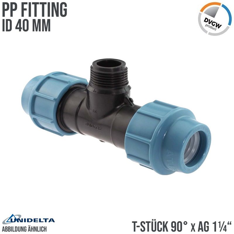 40 mm x 1 1/4" PE PP Fitting Klemm Verbinder Verschraubung Rohr T-Stück 90° x AG DVGW - Unidelta