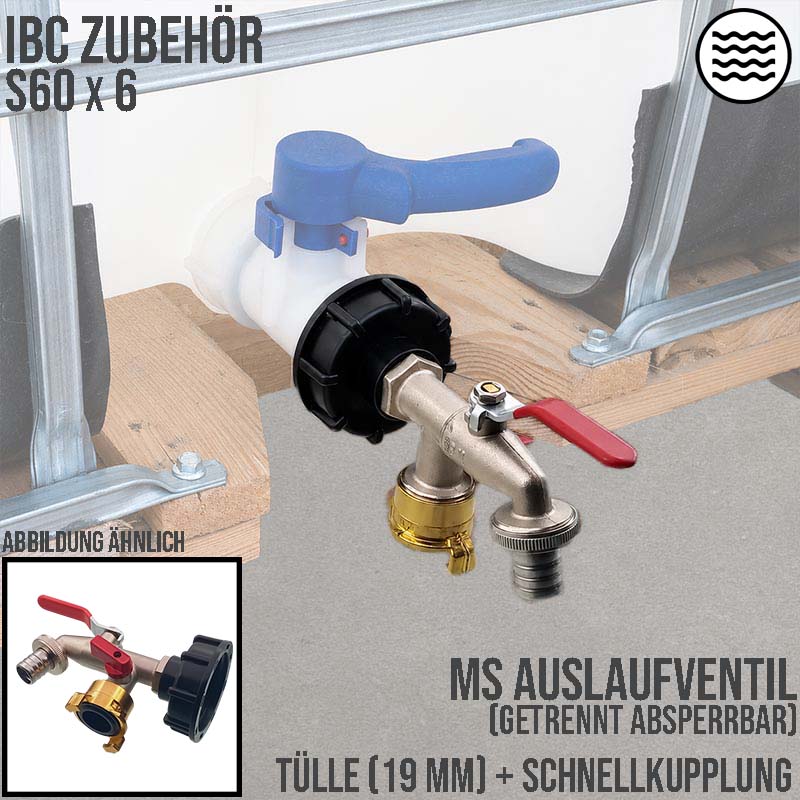 S60 x 6 IBC Messing Auslauf Ventil Hahn 2-fach Auslass 19 mm Tülle Schnellkupplung PN 10 bar