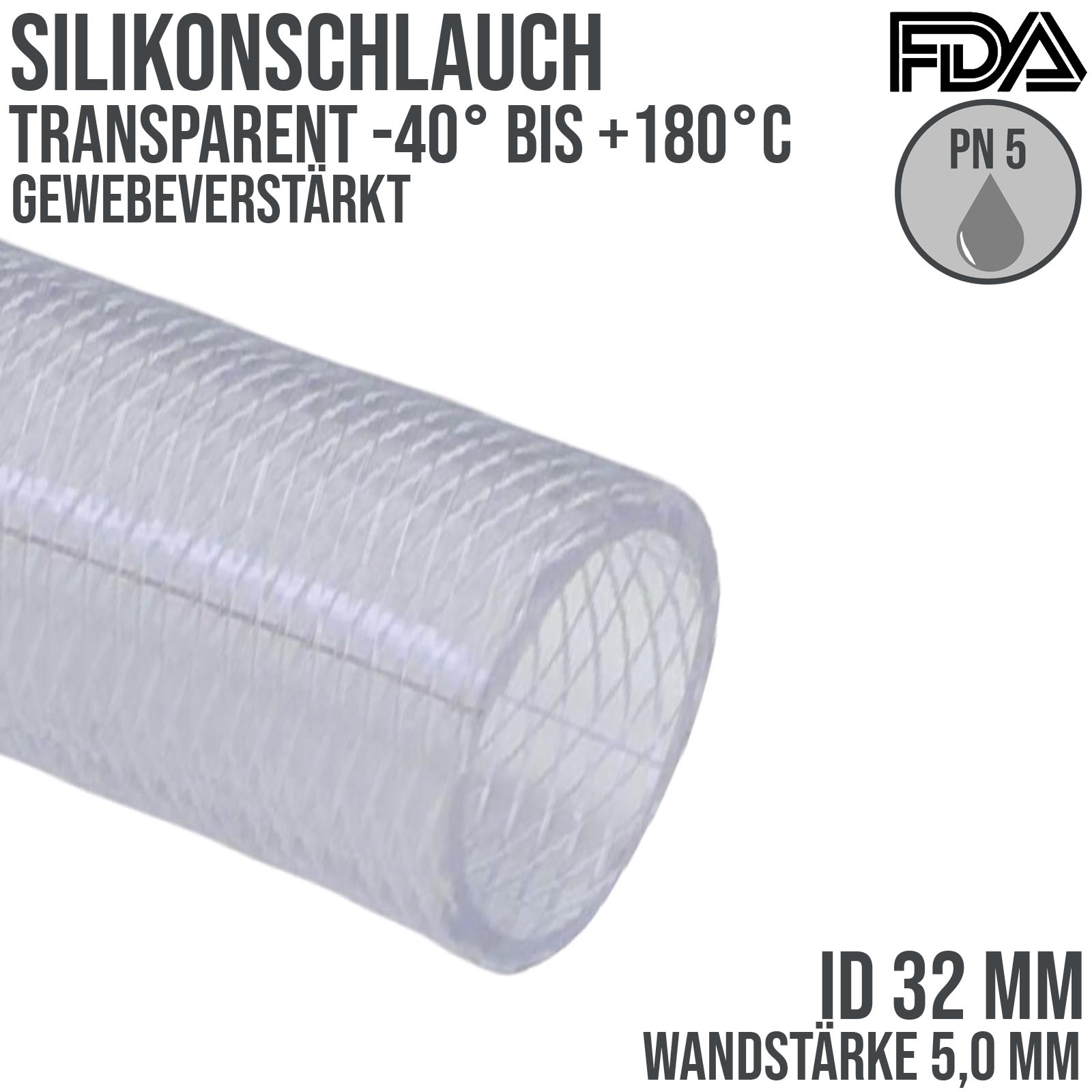 32 x 42 mm Silikon Silicon Schlauch Gewebe transparent lebensmittelecht FDA PN 5 bar
