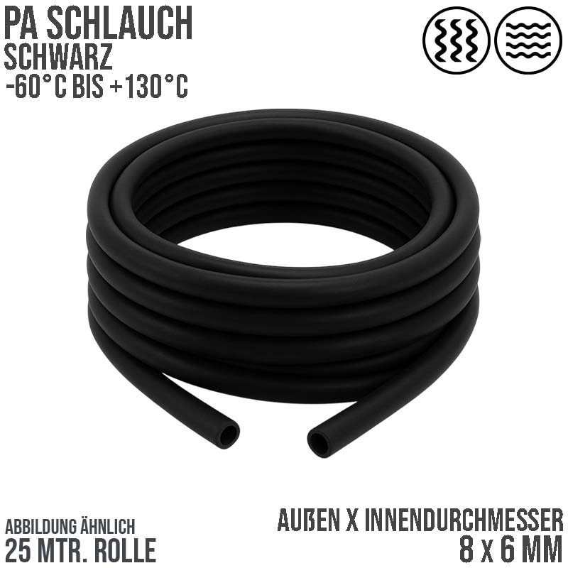 8 x 6 mm Polyamid PA Pneumatik Schlauch schwarz - PN 19 bar - 25 m
