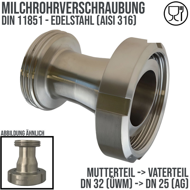 DN 32 -> DN 25 Milchrohr Verschraubung DIN 11851 Reduktion Mutterteil Kegel Stutzen Vaterteil Außengewinde RD - PN 25 bar