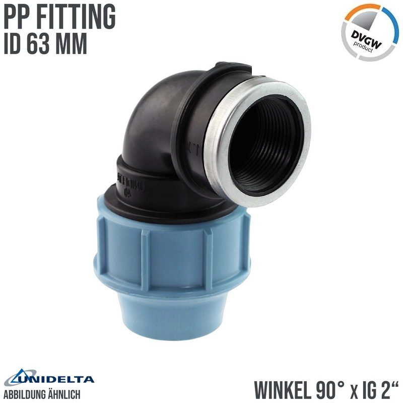 63 mm x 2" PE PP Fitting Klemm Verbinder Verschraubung Rohr Winkel 90° x IG DVGW - Unidelta
