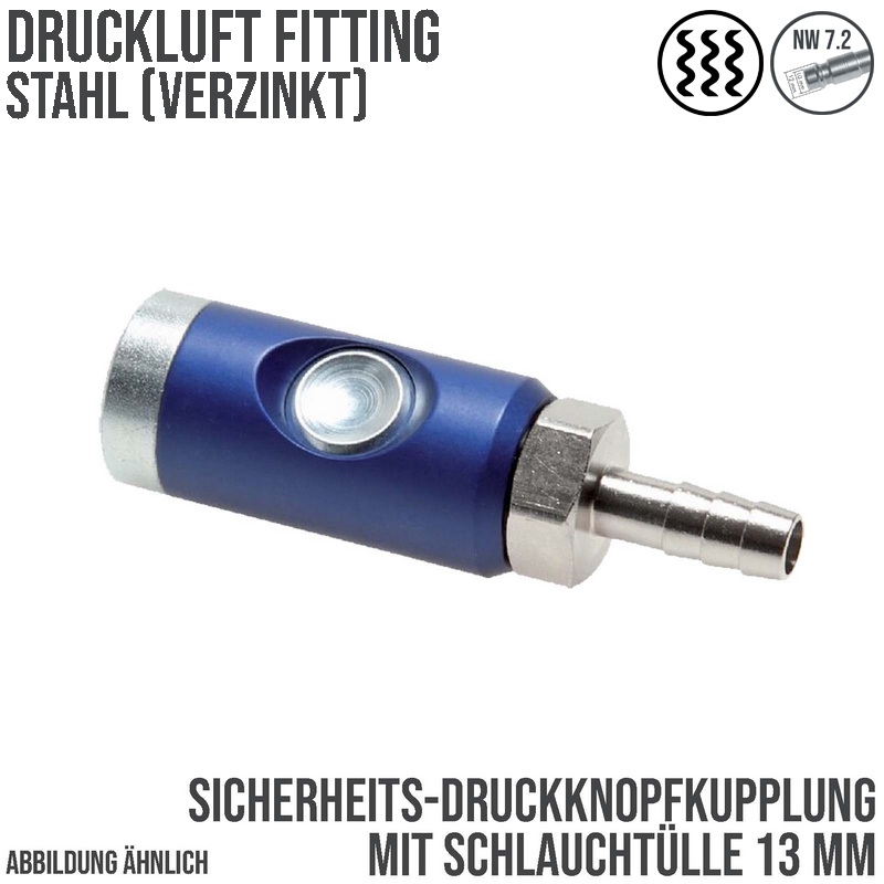13 mm Druckluft Sicherheits Kupplung Stahl verzinkt NW 7.2 Schlauch Tülle - PN 12 bar