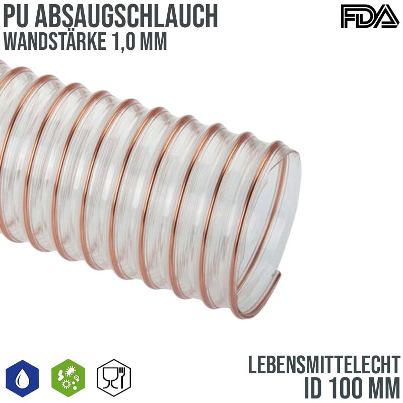 100 mm PU Saug Ansaug Druck Spiral Flex FDA Lebensmittel Schlauch - Wandstärke 1,0 mm - PN 0,70 bar