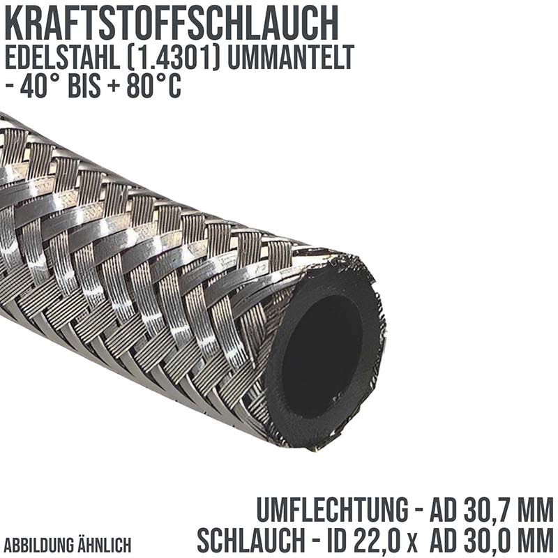 22,0 x 30,0 mm Kraftstoff Silber Benzin Öl Schlauch Edelstahl 1.4301 Draht Umflechtung NBR - PN 12 bar