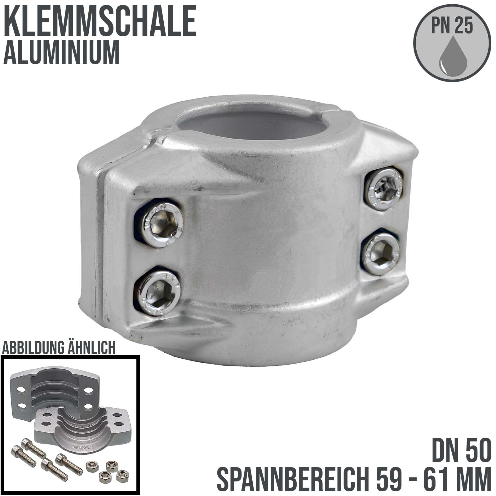 DN 50 Klemmschale Aluminium Spannbereich 59 - 61 mm für Schlauch ID x AD 50 x 60 mm - PN 25 bar
