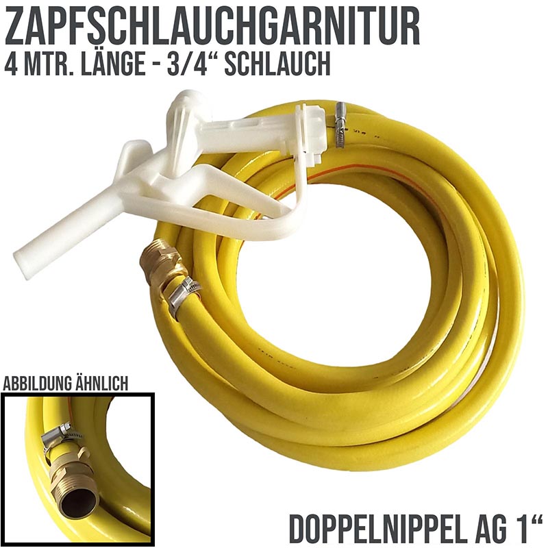 3/4" 19 mm Zapf Schlauch Garnitur mit Doppelnippel AG 1" - 4 m (PP Pistole weiss) - PN 5 bar