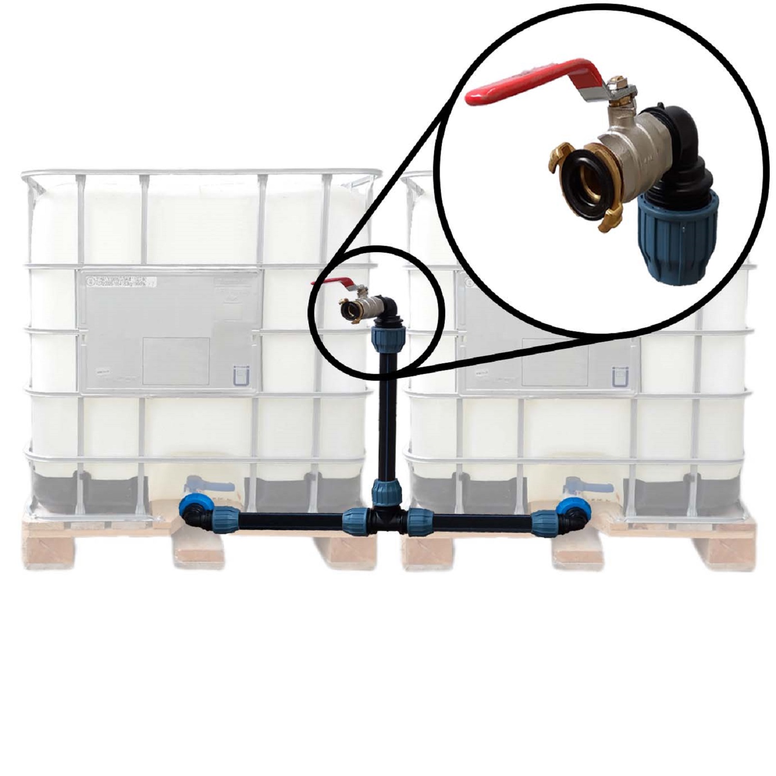 IBC Container Tankverbinder Anschluss Set 32 mm nebeneinander Schwanenhals Kugelhahn + Schnellkupplung (GEKA kompatibel)