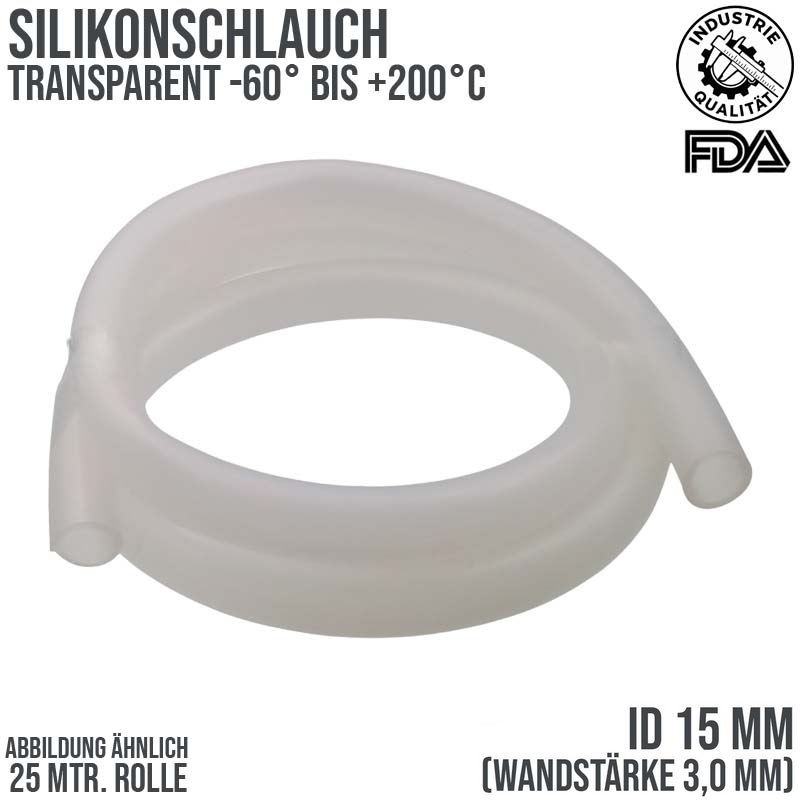 15 x 21 mm Silikon Silicon Industrie Schlauch transparent talkumiert Lebensmittel FDA - 25 m
