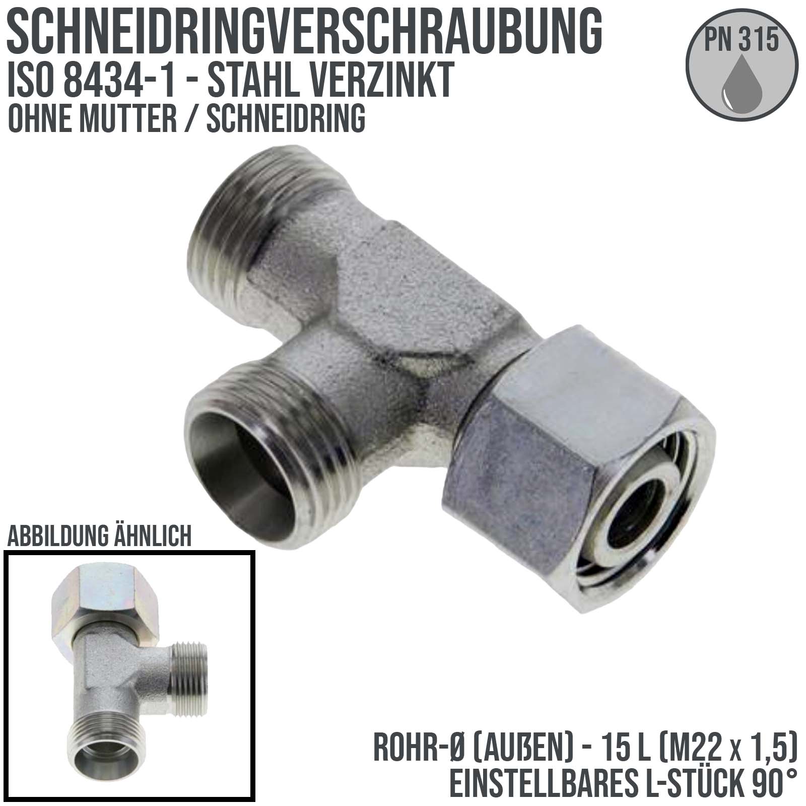 15 L Schneidring Verschraubung einstellbares L-Stück 90° M 22 x 1,5 AG x IG ohne Mutter / Schneidring - PN 315 bar