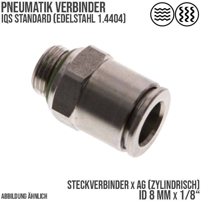 8 mm x 1/8" Pneumatik Schnell Steck Verbinder IQS Edelstahl VA 1.4404 Außengewinde zylindrisch - PN 15 bar