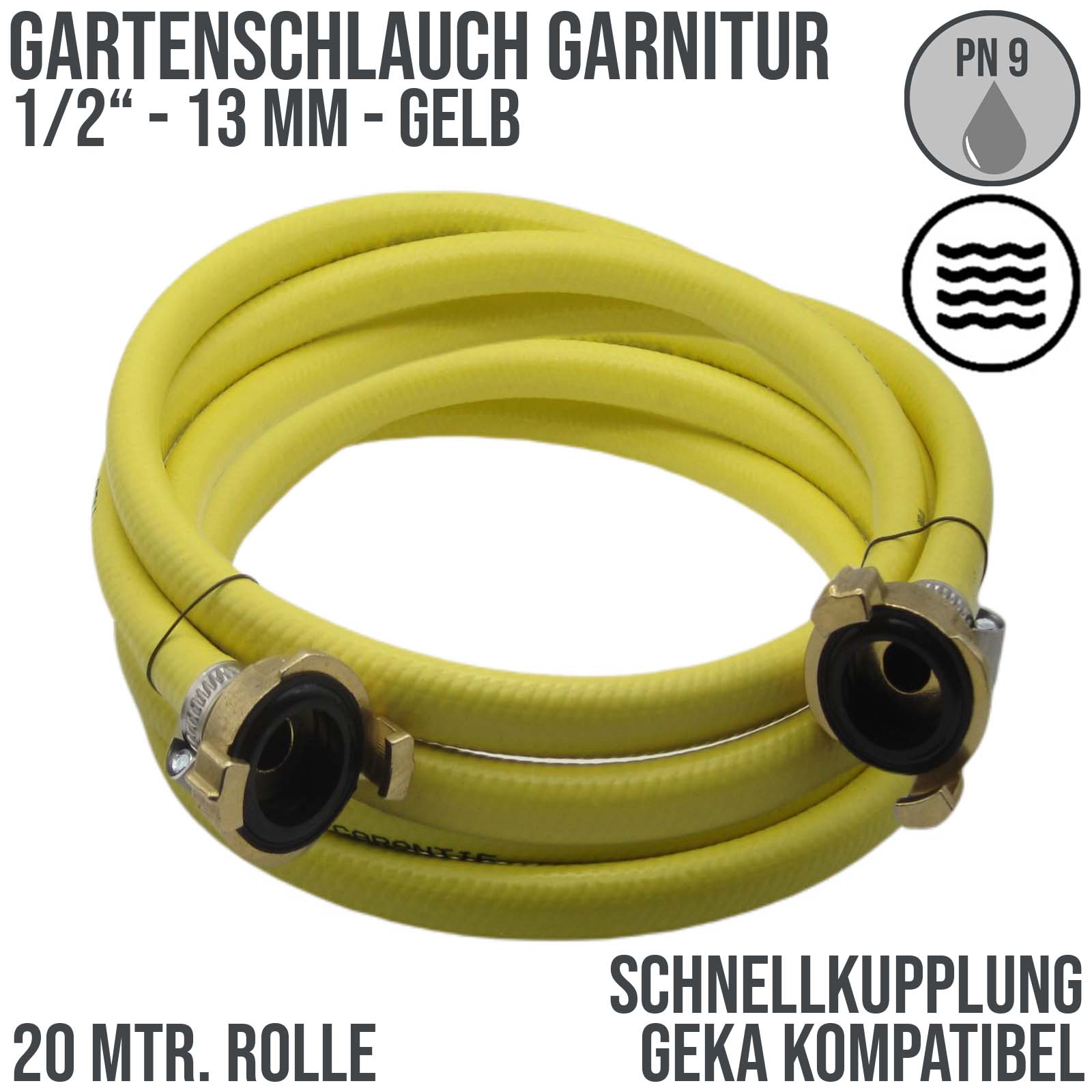 1/2" 13mm Gartenschlauch Wasserschlauch Garnitur gelb 3-lagig mit Schnellkupplung - PN 9 bar - 20,0 m