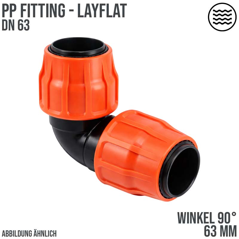 63 mm PE PP Fitting Layflat Klemm Verbinder Winkel 90° Kupplung Flach Schlauch - PN 10 bar