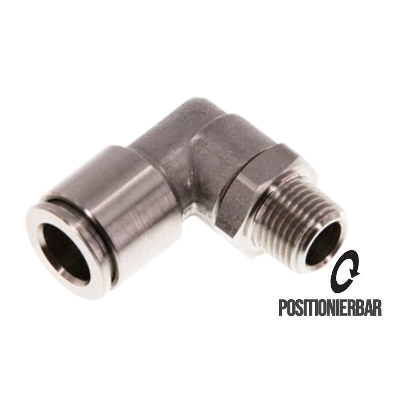 4 mm x 1/8" Pneumatik Steck Verbinder Winkel 90° eckig IQS Edelstahl VA 1.4404 Außengewinde konisch - PN 15 bar