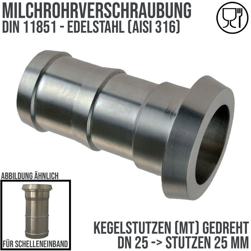 DN 25 Milchrohr Verschraubung DIN 11851 Mutterteil Kegel Stutzen Schelleneinband - Stutzen gedreht 25 mm - PN 25 bar