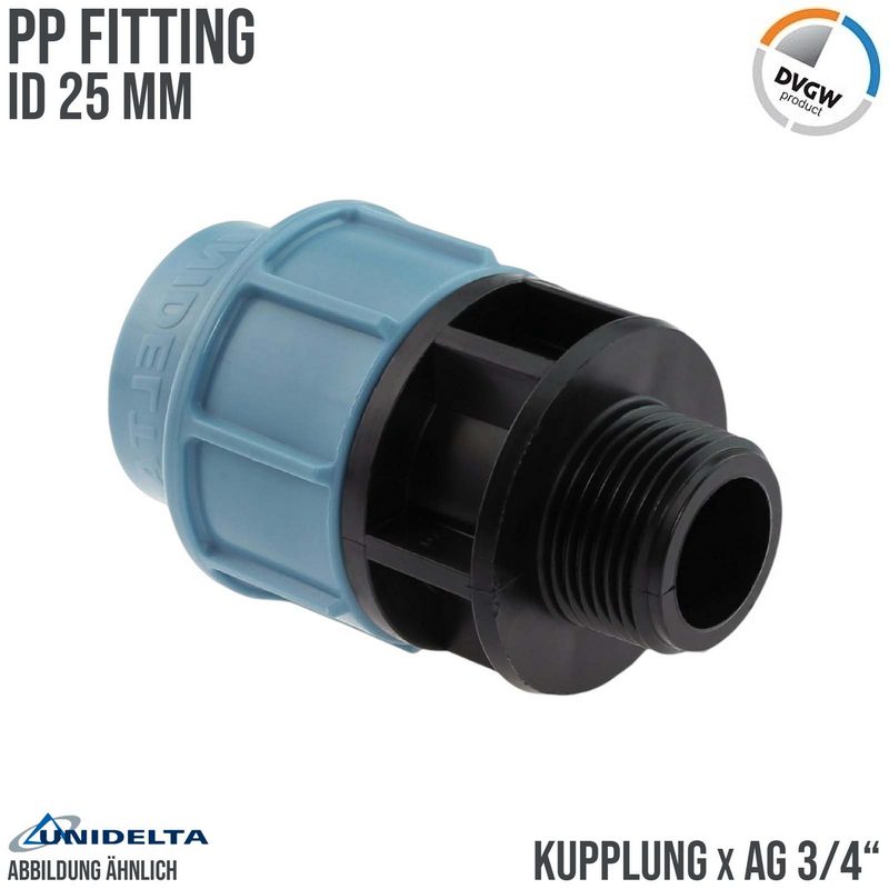 25 mm x 3/4" PE PP Fitting Klemm Verbinder Verschraubung Muffe Rohr Kupplung x AG DVGW - Unidelta