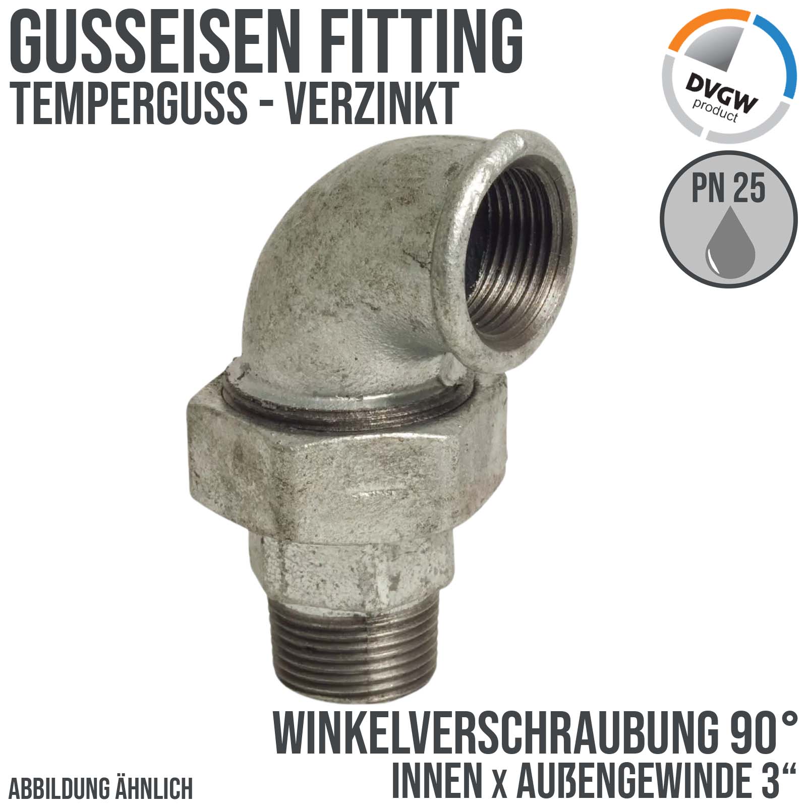 3" Gusseisen Temperguss Fitting Nr. 96 Winkelverschraubung 90° Innen x Außengewinde IG x AG DVGW PN 25 bar