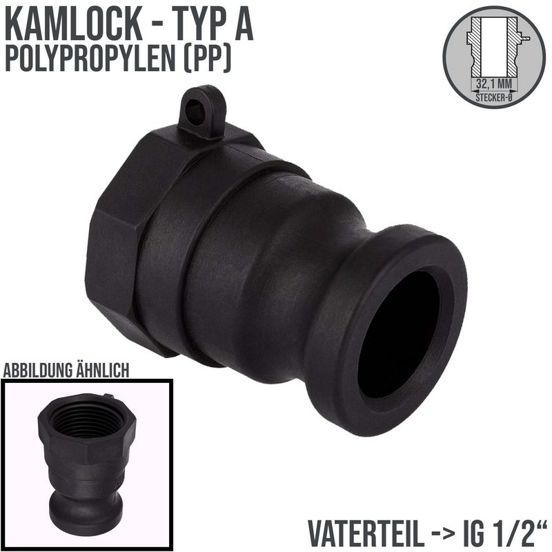 Kamlock Typ A - Vaterteil PP Polypropylen - 32,1 mm Stecker mit Innengewinde (IG) 1/2" Zoll DN 20 - PN 6 bar