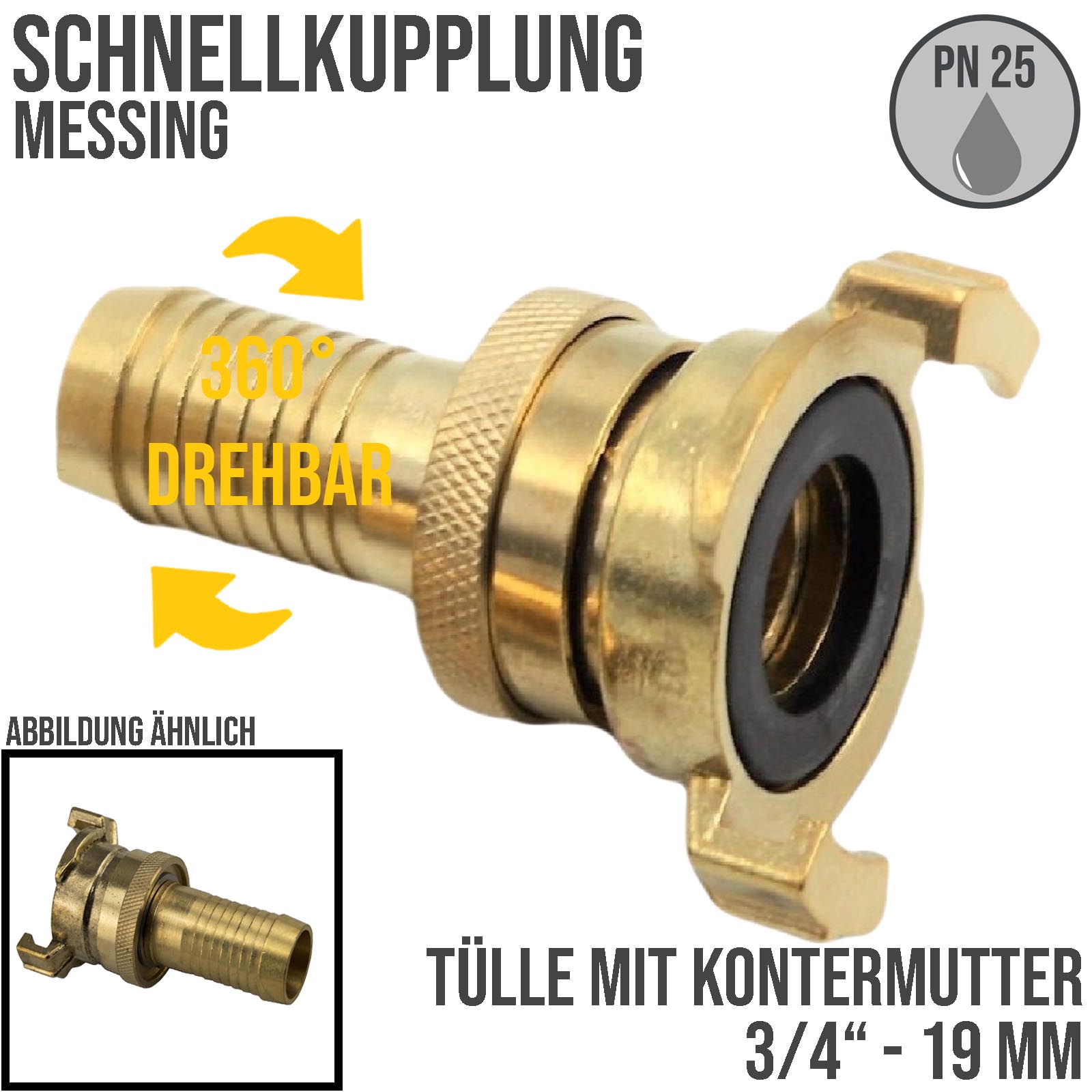 3/4" 19 mm Messing Schlauch Schnell Kupplung Tülle mit Kontermutter Hochdruck (GEKA kompatibel) - PN 25 bar