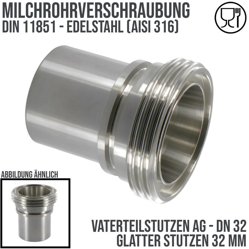 DN 32 Milchrohr Verschraubung DIN 11851 Vaterteil Stutzen VT Außengewinde RD Sicherungsbund - Stutzen glatt 32 mm - PN 25 bar
