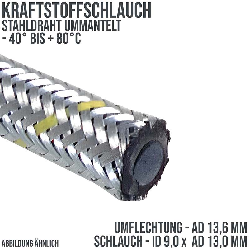 9,0 x 13,0 mm Kraftstoff Silber Benzin Öl Schlauch Stahl Draht Umflechtung NBR - PN 18 bar