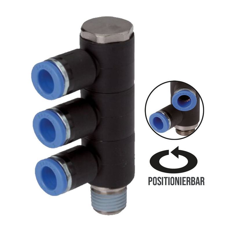 4 mm x 1/4" Pneumatik Steck Verbinder 3-fach Verteiler IQS Außengewinde konisch - PN 20 bar