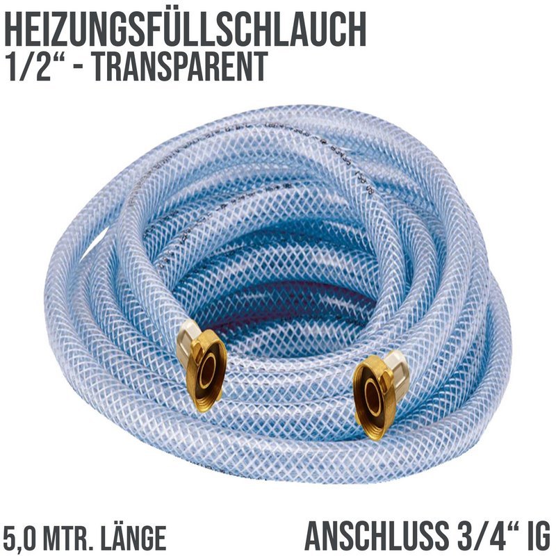 5 m Heizungs Füll Wasser Heizkörper Radiator Sanitär Schlauch transparent 3/4" Anschluss - PN 8 bar