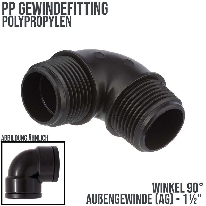 1 1/2 " PP Gewinde Fitting Winkel 90° schwarz Außen x Außengewinde IG Polypropylen - PN 10 bar
