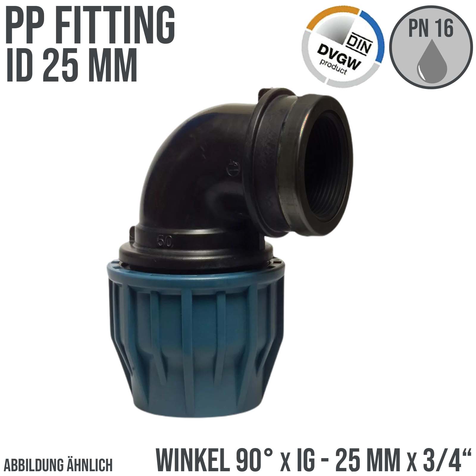 25 mm x 3/4" PE PP Fitting Klemm Verbinder Verschraubung Rohr Winkel 90° x IG DVGW - PN 16 bar 