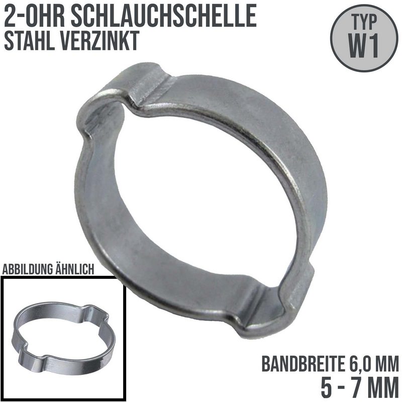5 - 7 mm 2-Ohr Doppel Schlauch Schelle Stahl verzinkt W1 - Bandbr. 6,0 mm