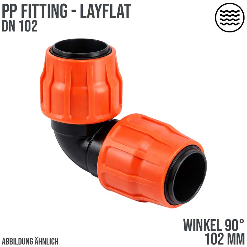 102 mm PE PP Fitting Layflat Klemm Verbinder Winkel 90° Kupplung Flach Schlauch - PN 6 bar