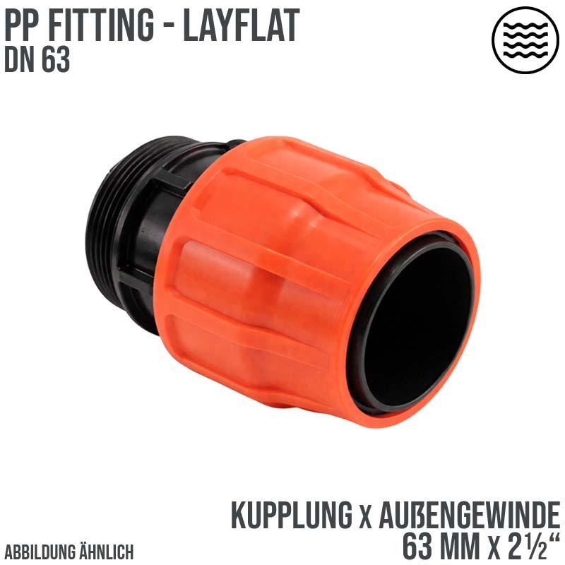63 mm x 2 1/2" PE PP Fitting Layflat Klemm Verbinder Kupplung x Außengewinde AG Flach Schlauch - PN 10 bar