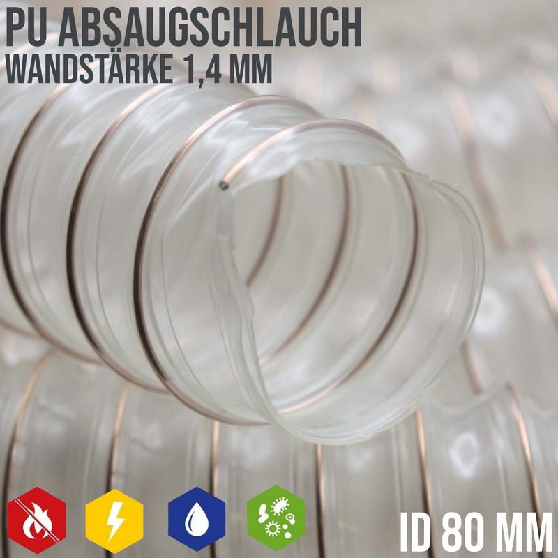 80 mm PU Saug Ansaug Druck Spiral Flex Staub Holz Metall Späne Schlauch Anlage - Wandstärke 1,4 mm - PN 1,5 bar
