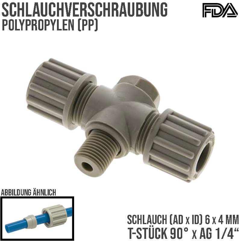 6 x 4 mm x 1/4" T-Stück 90° Kupplung Aussengewinde PA PP Schlauch Verbinder FDA drehbar - PN 10 bar
